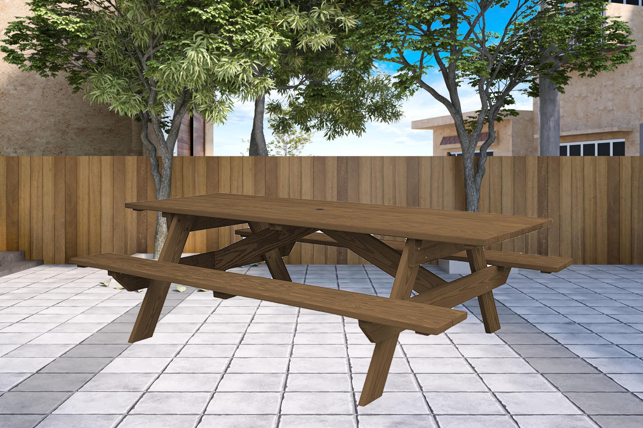 94" Wood Brown Solid Wood Outdoor Picnic Table with Umbrella Hole