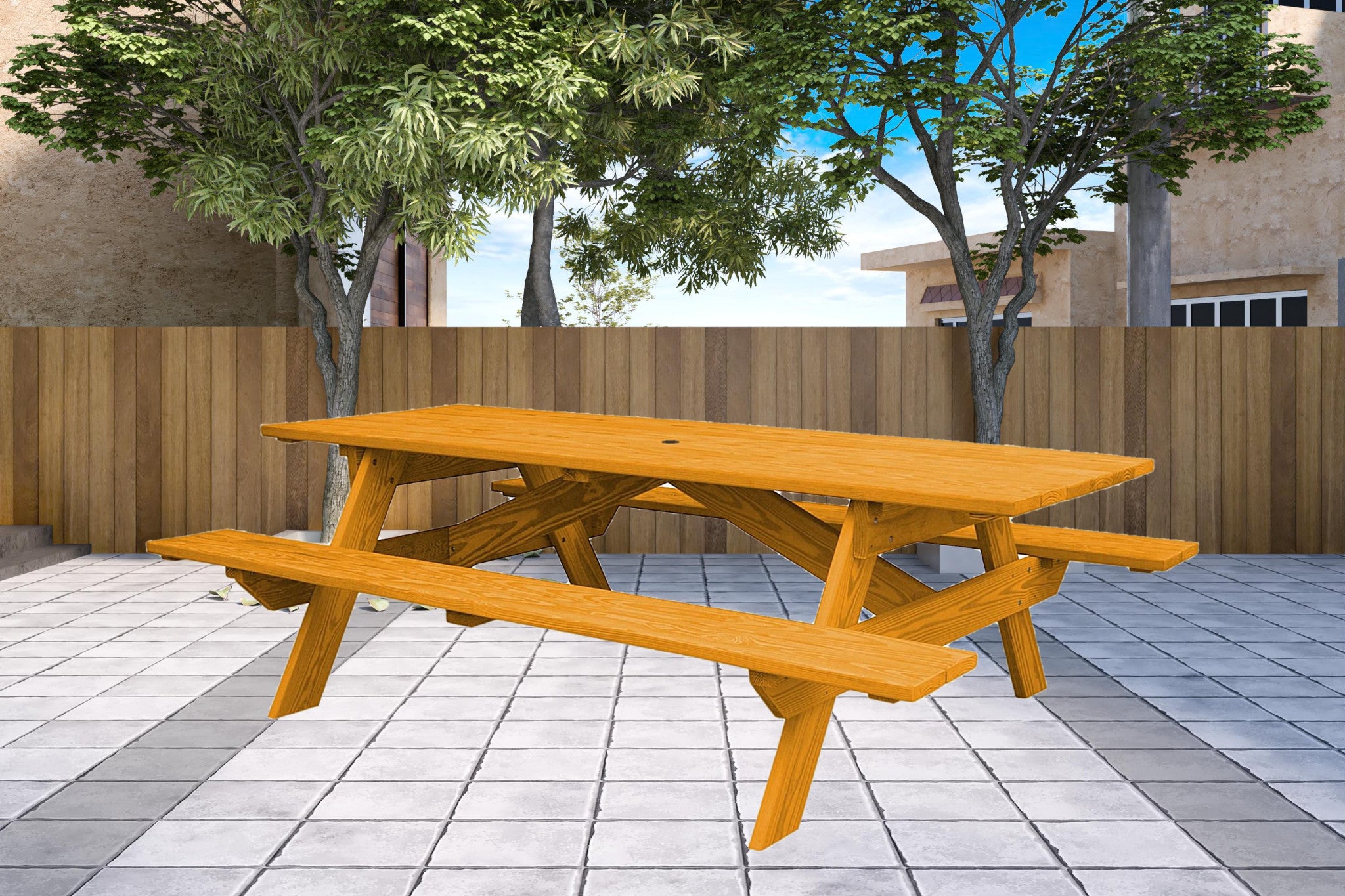 94" Natural Solid Wood Outdoor Picnic Table with Umbrella Hole