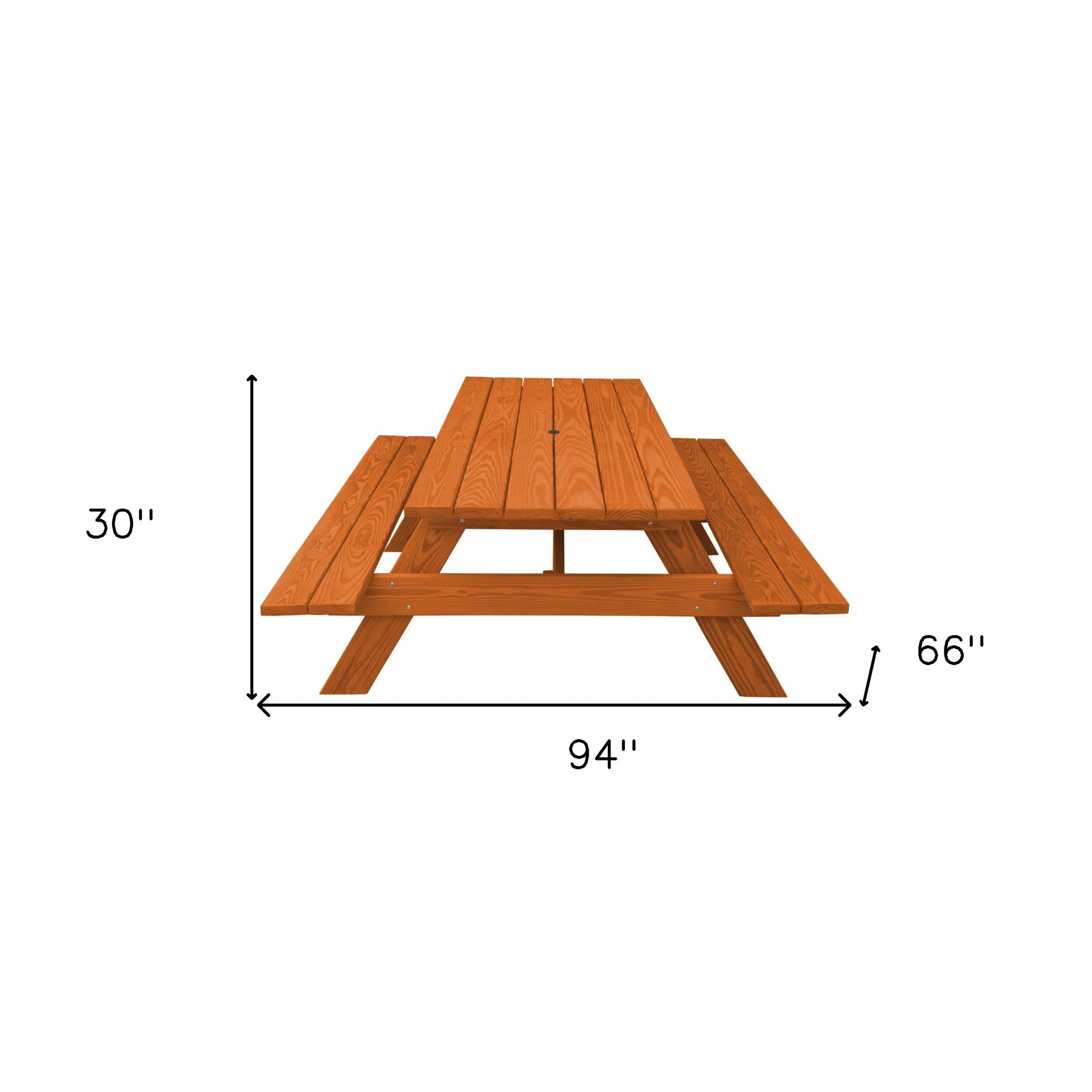 94" Redwood Solid Wood Outdoor Picnic Table with Umbrella Hole