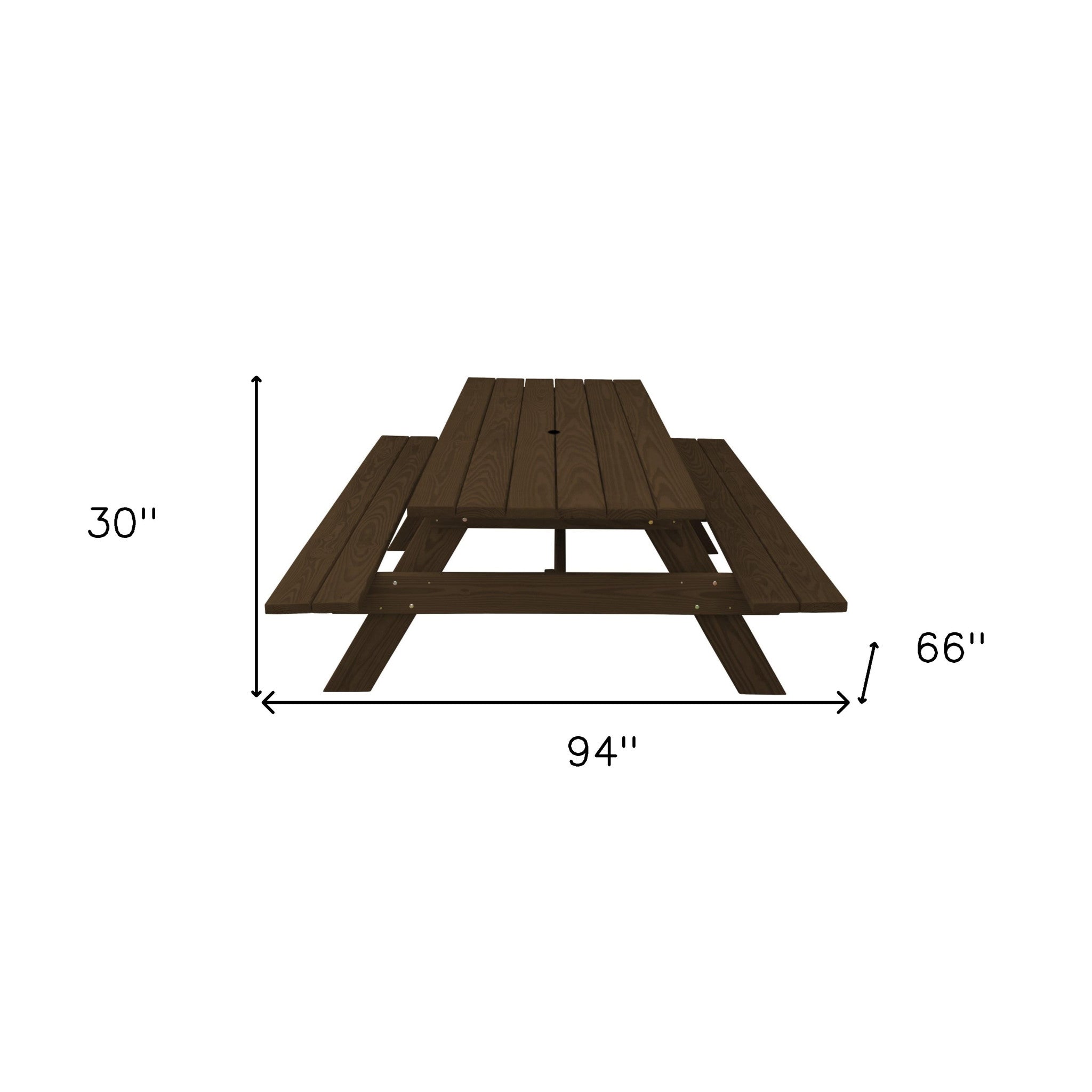 94" Dark Brown Solid Wood Outdoor Picnic Table with Umbrella Hole