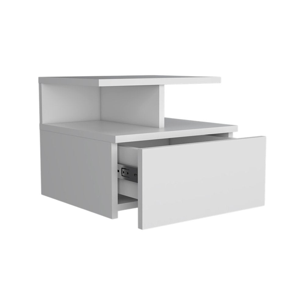 14" White Wood One Drawer Floating Nightstand