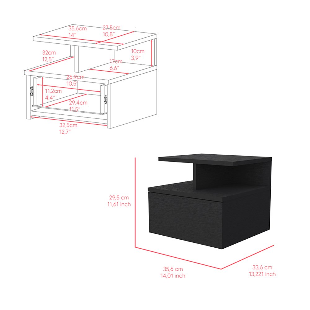14" Black Wood One Drawer Floating Nightstand