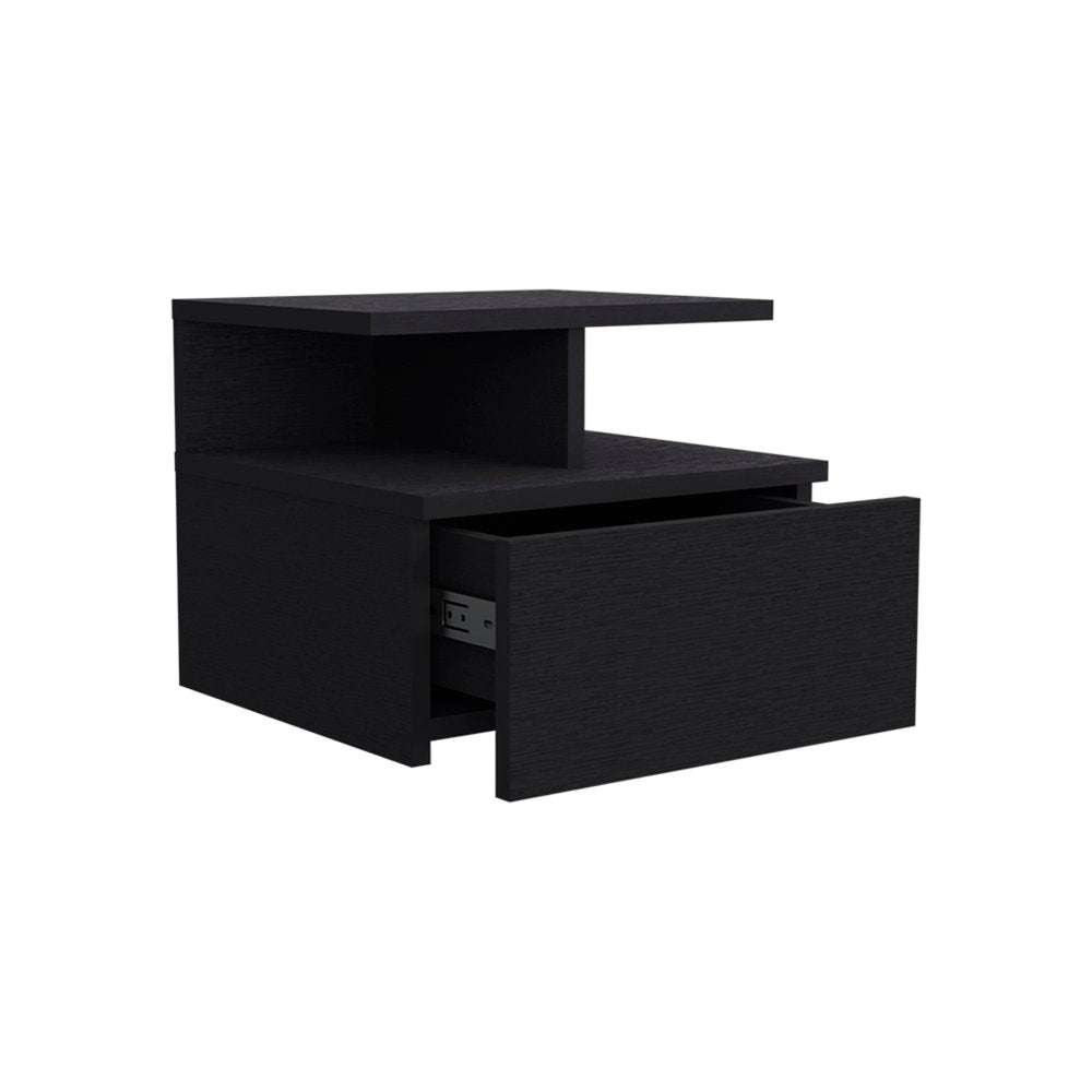 12" Black Wood One Drawer Floating Nightstand