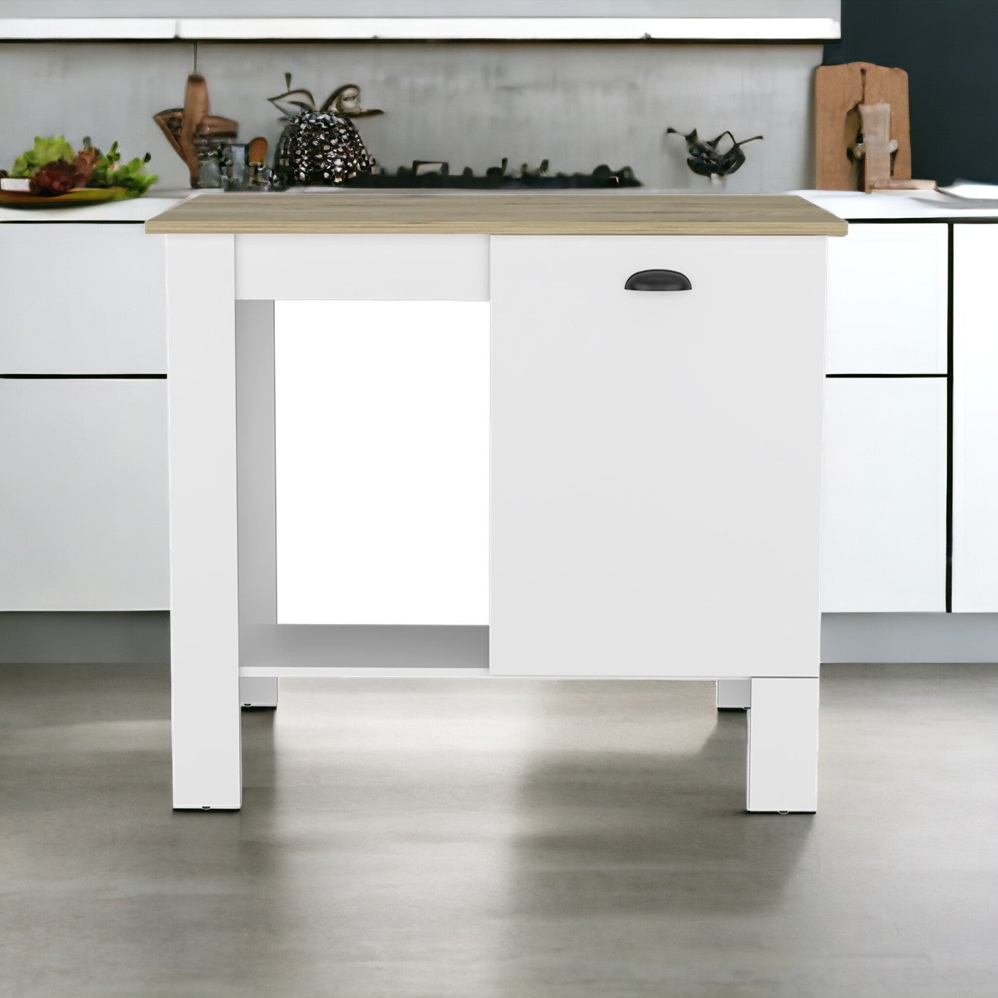 White and Natural 35" Kitchen Island With Storage