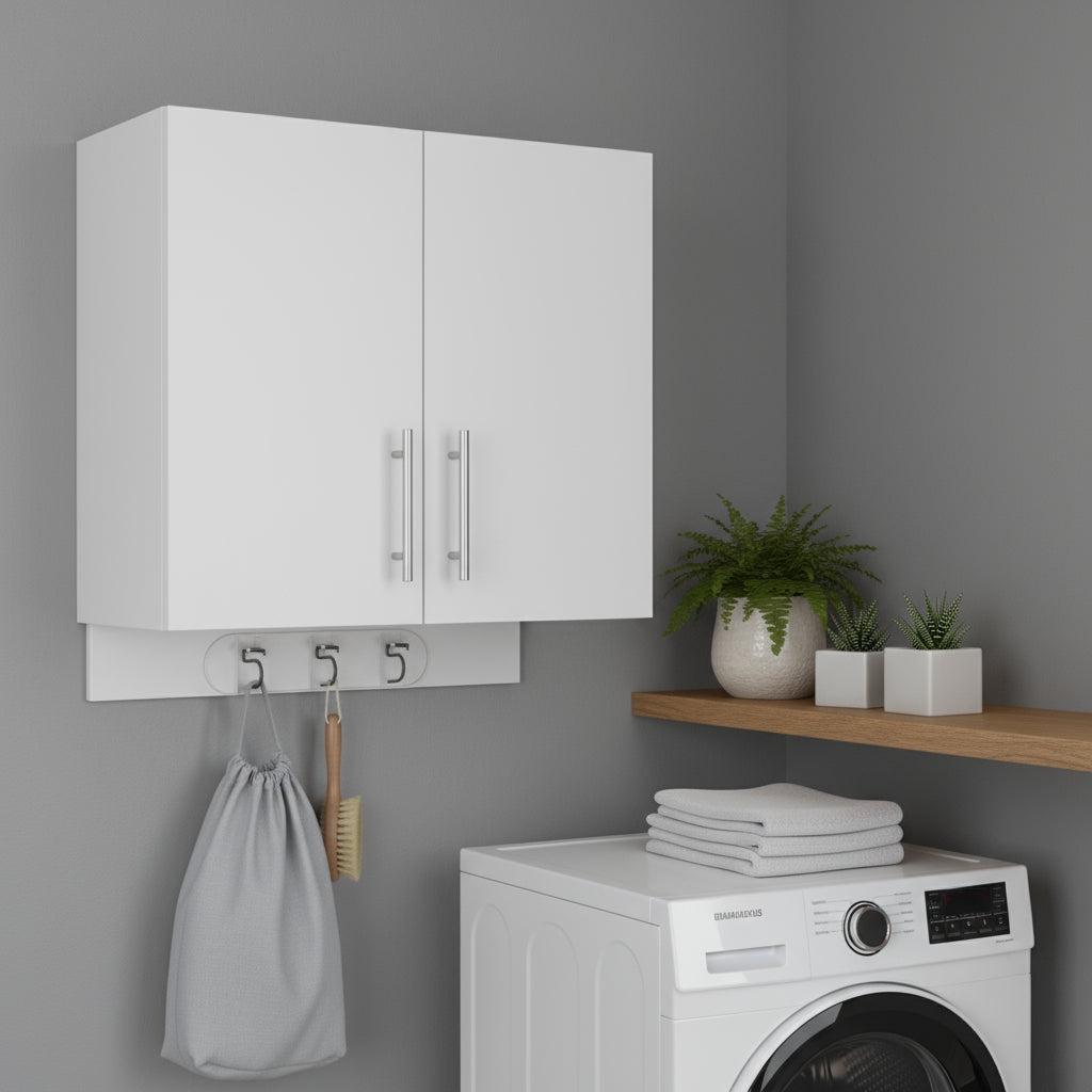 26" White Wood Wall Mounted Utlity Cabinet With Two Doors
