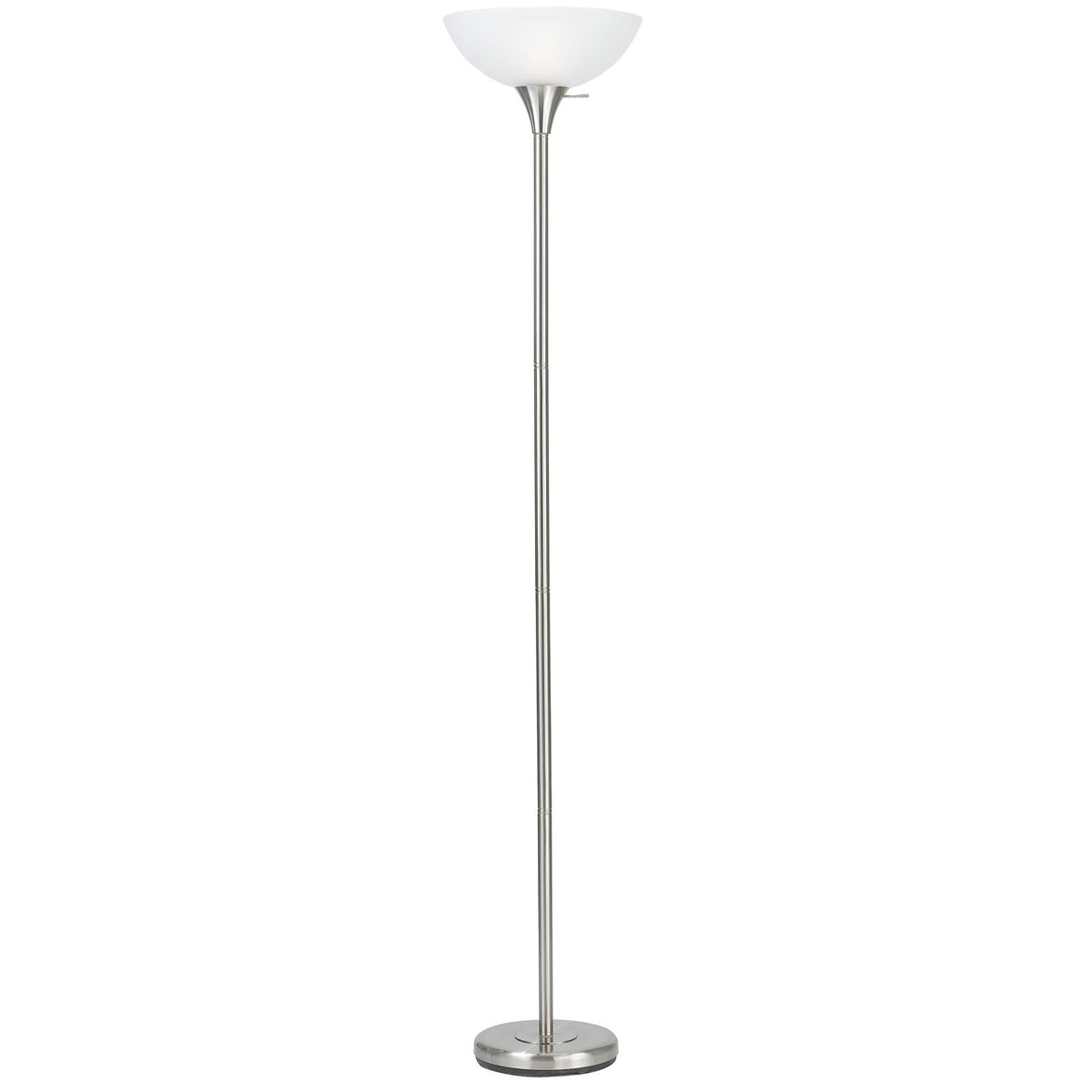 70" Nickel Metal Torchiere Floor Lamp With White Glass Dome Shade