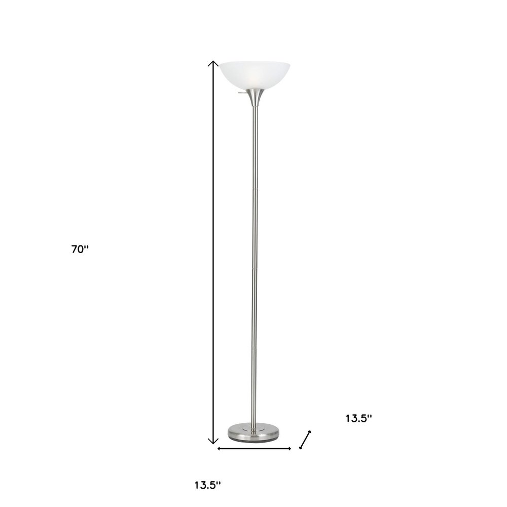 70" Nickel Metal Torchiere Floor Lamp With White Glass Dome Shade