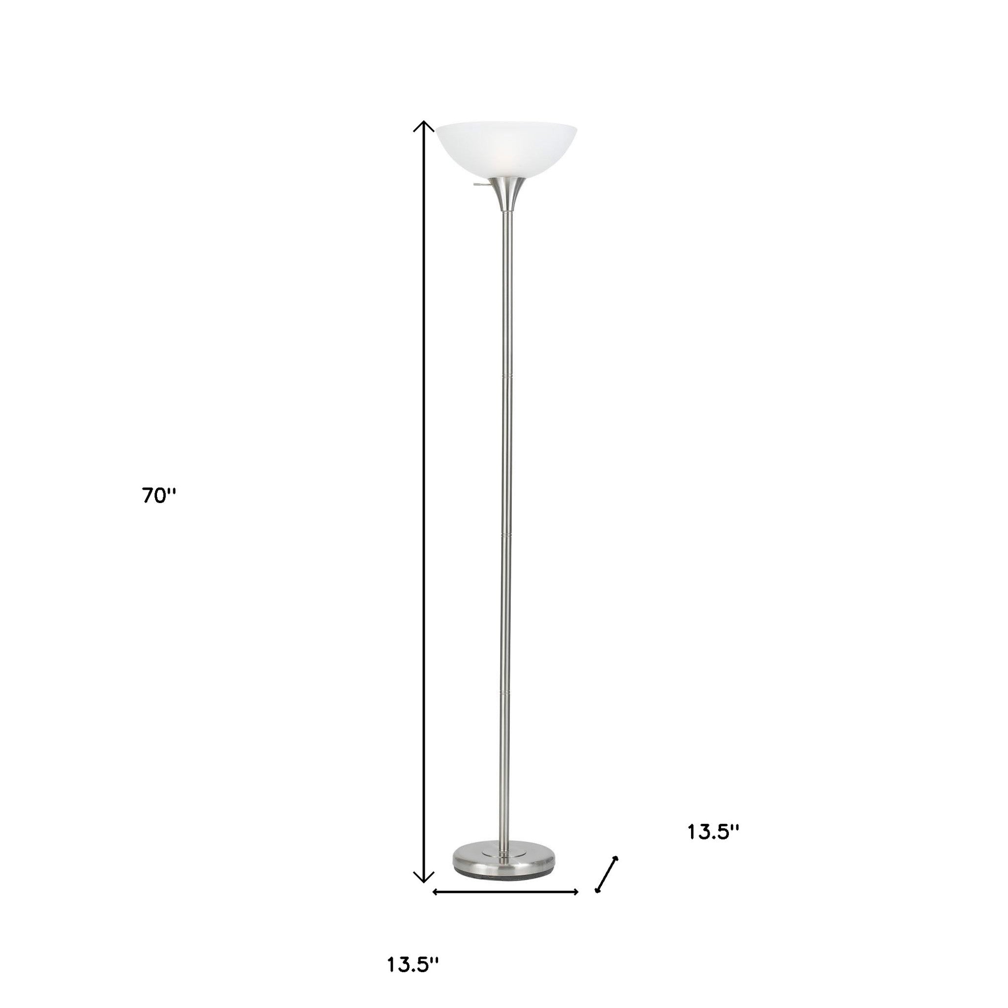 70" Nickel Torchiere Floor Lamp With White Frosted Glass Dome Shade
