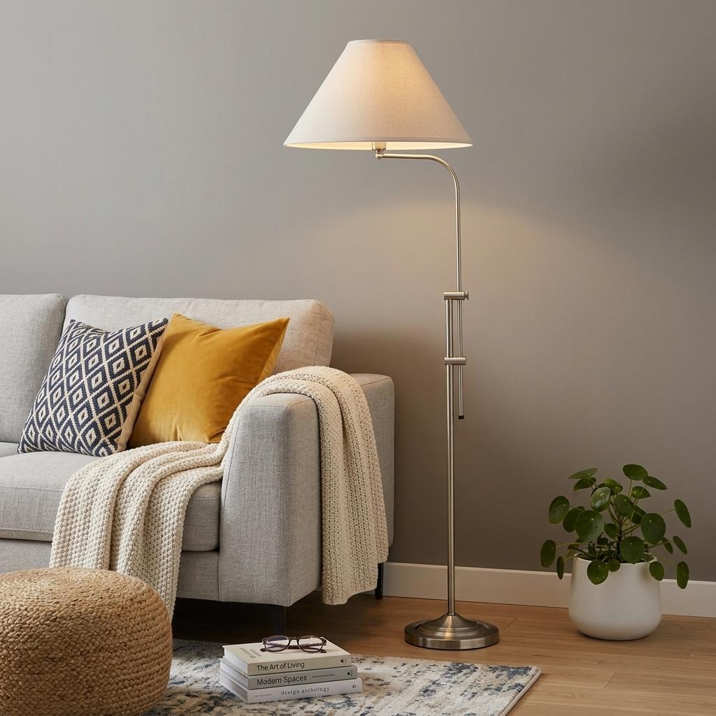 68" Nickel Adjustable Floor Lamp With White Fabric Empire Shade