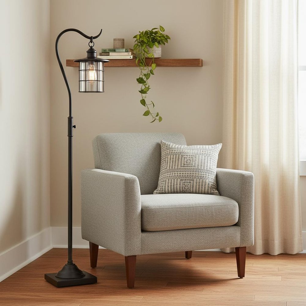 60" Antiqued Bronze Lantern Style Floor Lamp With Glass and Metal Shade