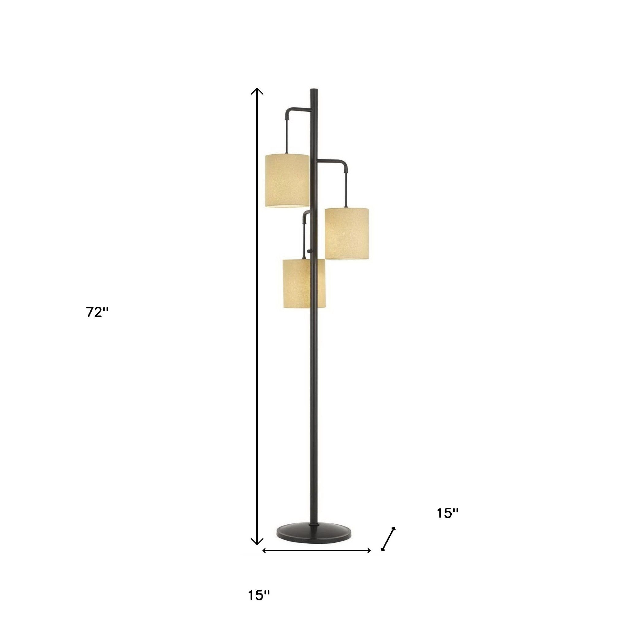 72" Bronze Three Light Traditional Shaped Floor Lamp With Beige Drum Shade