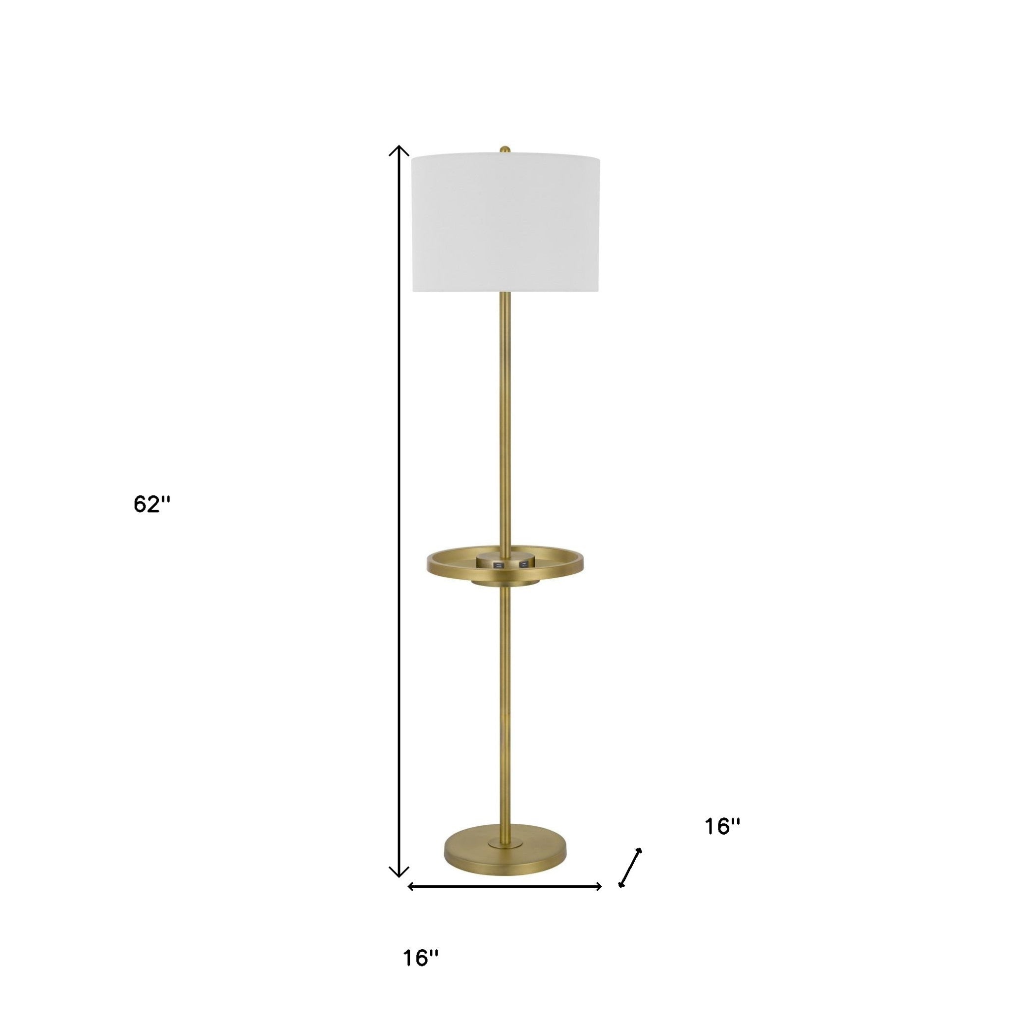 62" Brass Tray Table Floor Lamp With White Square Shade