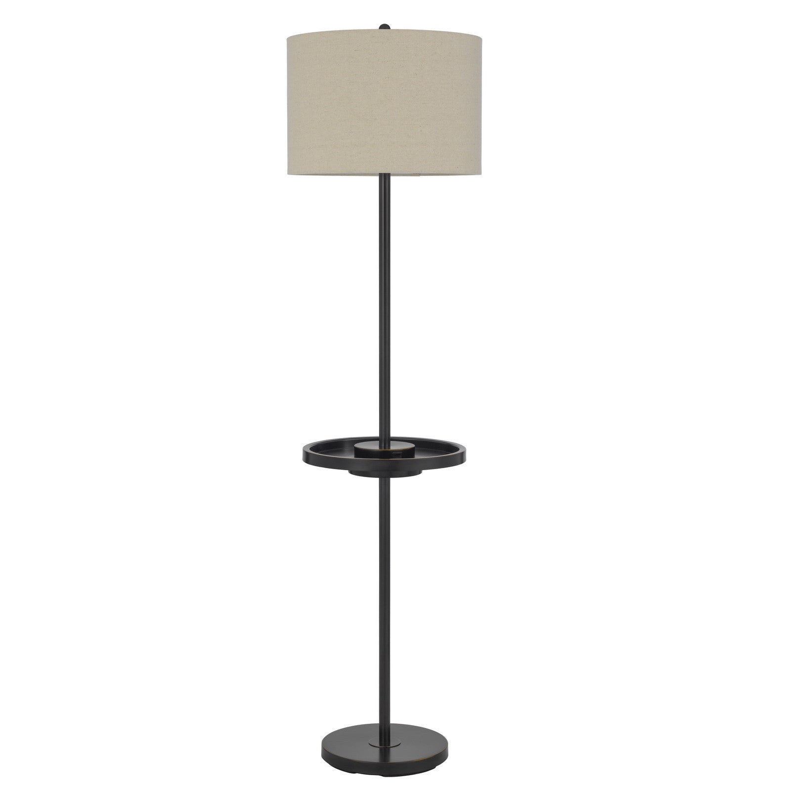 62" Bronze Tray Table Floor Lamp With Beige Drum Shade
