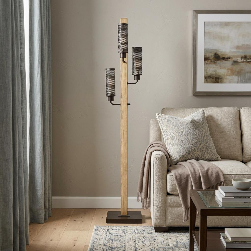 61" Brown Three Light Traditional Shaped Floor Lamp With Black Novelty Shade