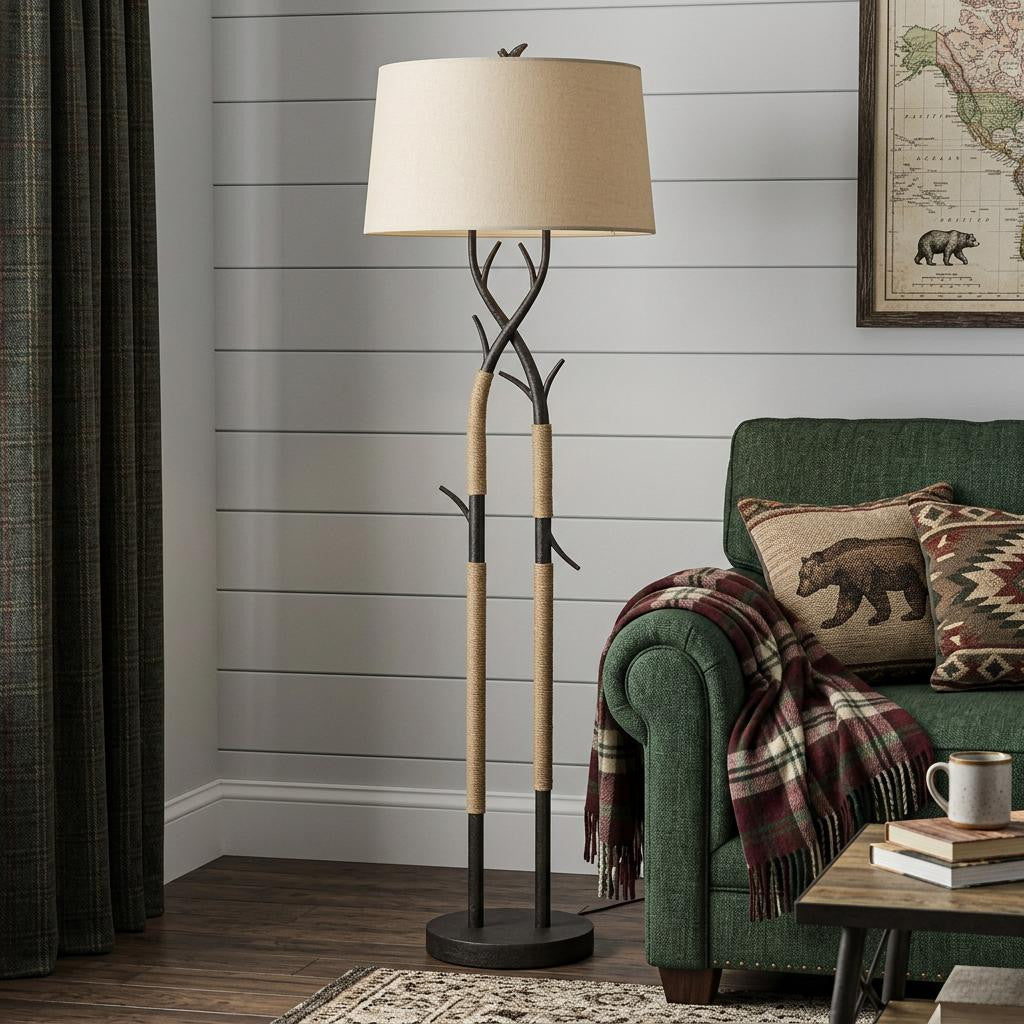 55" Black Metal And Rope Tree Branch Floor Lamp With Tan Fabric Shade