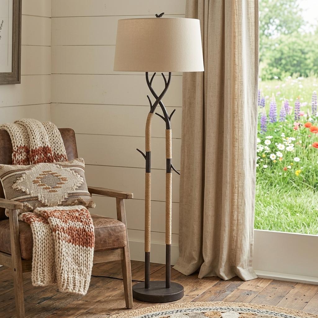 55" Black Metal And Rope Tree Branch Floor Lamp With Tan Fabric Shade
