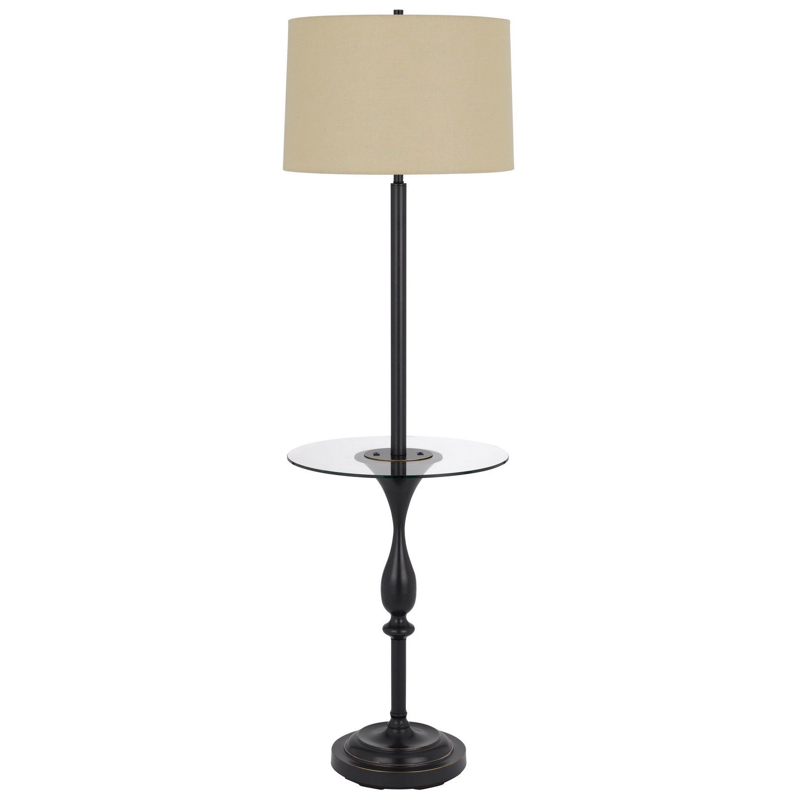 61" Bronze Tray Table Floor Lamp With Tan Transparent Glass Square Shade