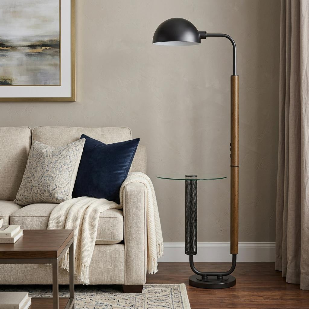 63" Brown Tray Table Floor Lamp With Bronze Transparent Glass Dome Shade