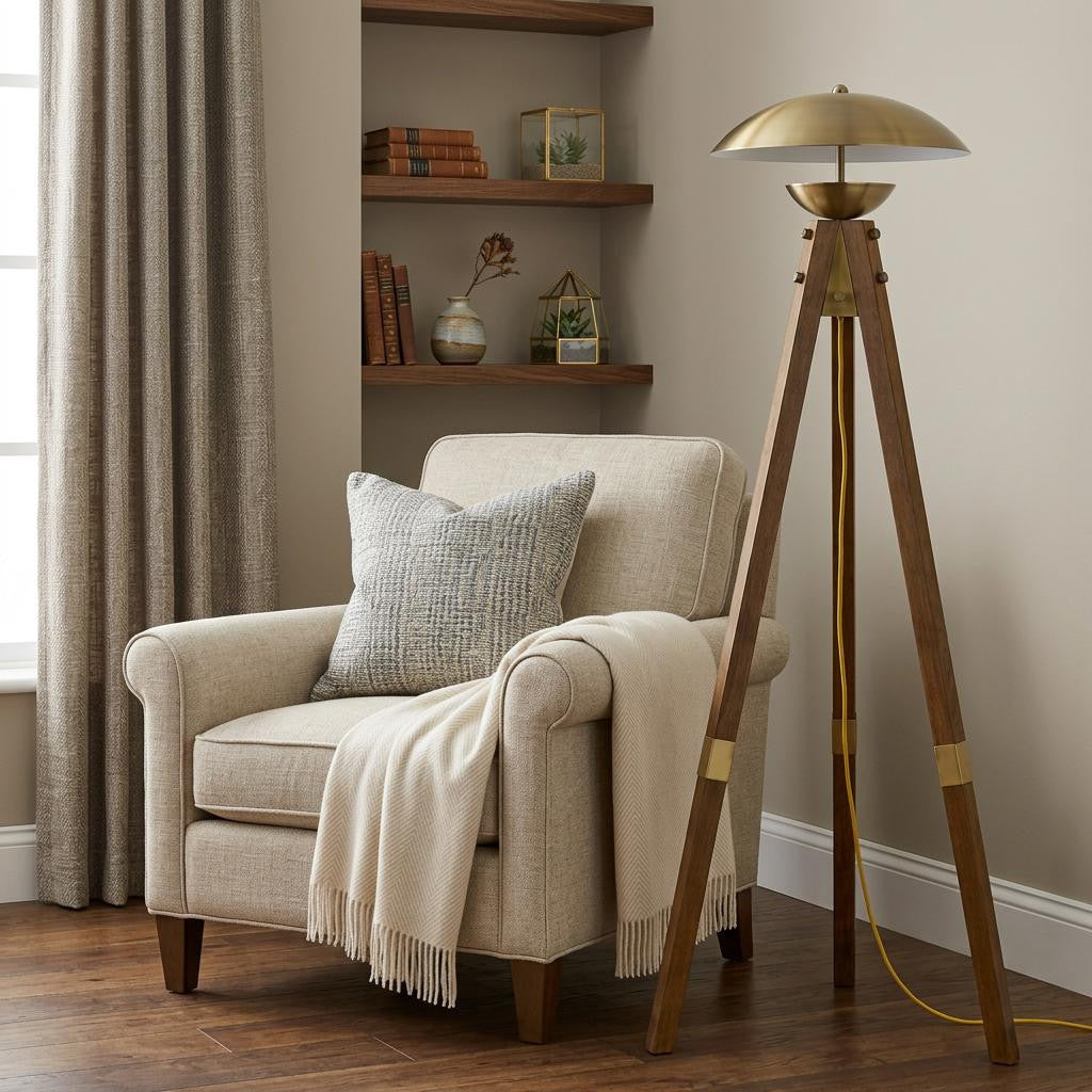 55" Brass Tripod Floor Lamp With Antiqued Brass Dome Shade