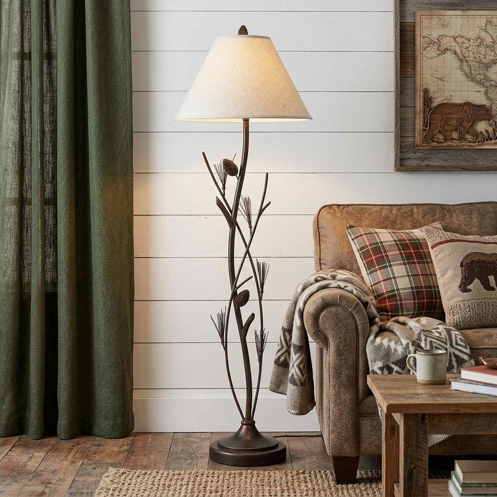 60" Rust Metal Floor Lamp With Brown Fabric Empire Shade