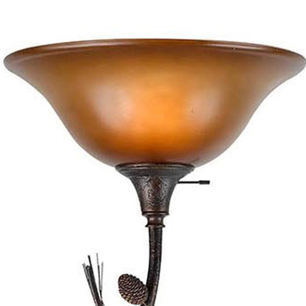 72" Amber Torchiere Floor Lamp With Brown Glass Dome Shade