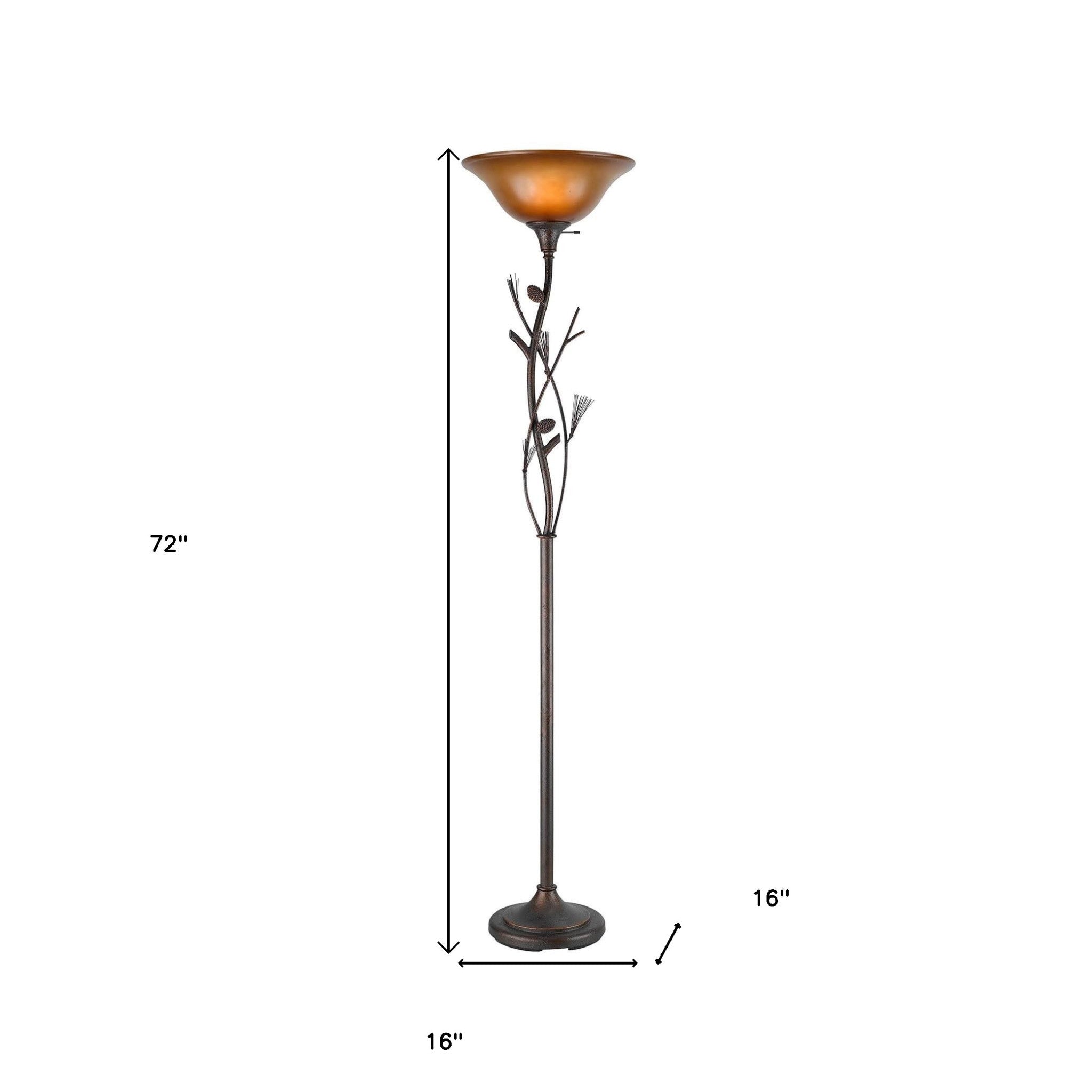 72" Amber Torchiere Floor Lamp With Brown Glass Dome Shade