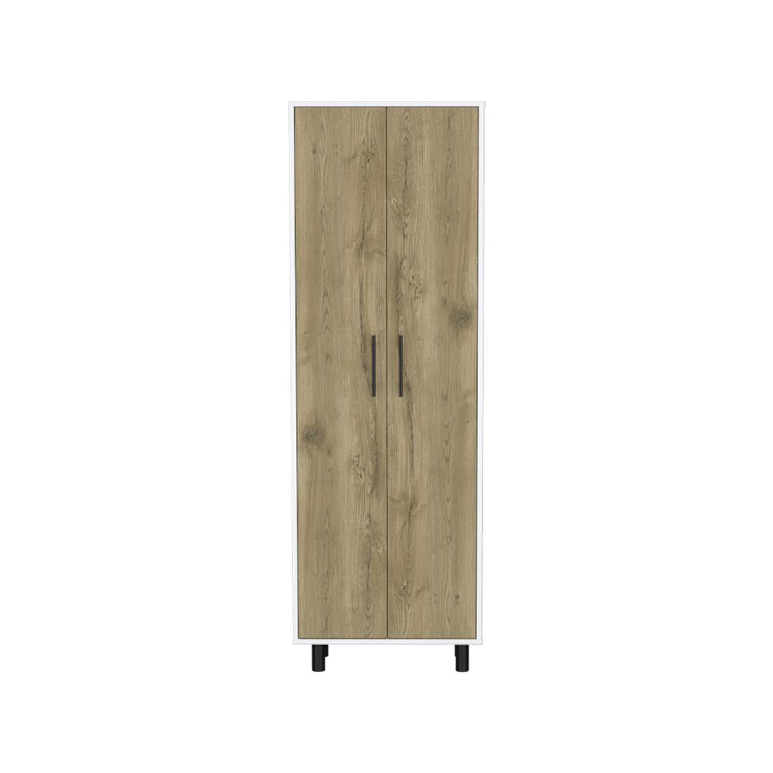 Set of Two Oak and White Wood Kitchen Island And Pantry Cabinet