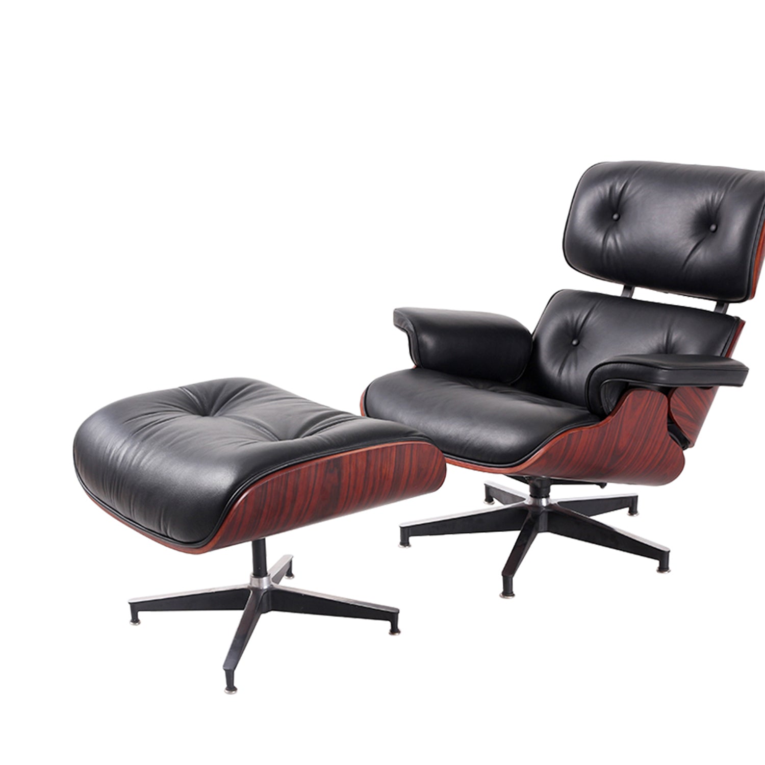 35" Black and Dark Brown Genuine Leather Tufted Swivel Lounge Chair With Ottoman