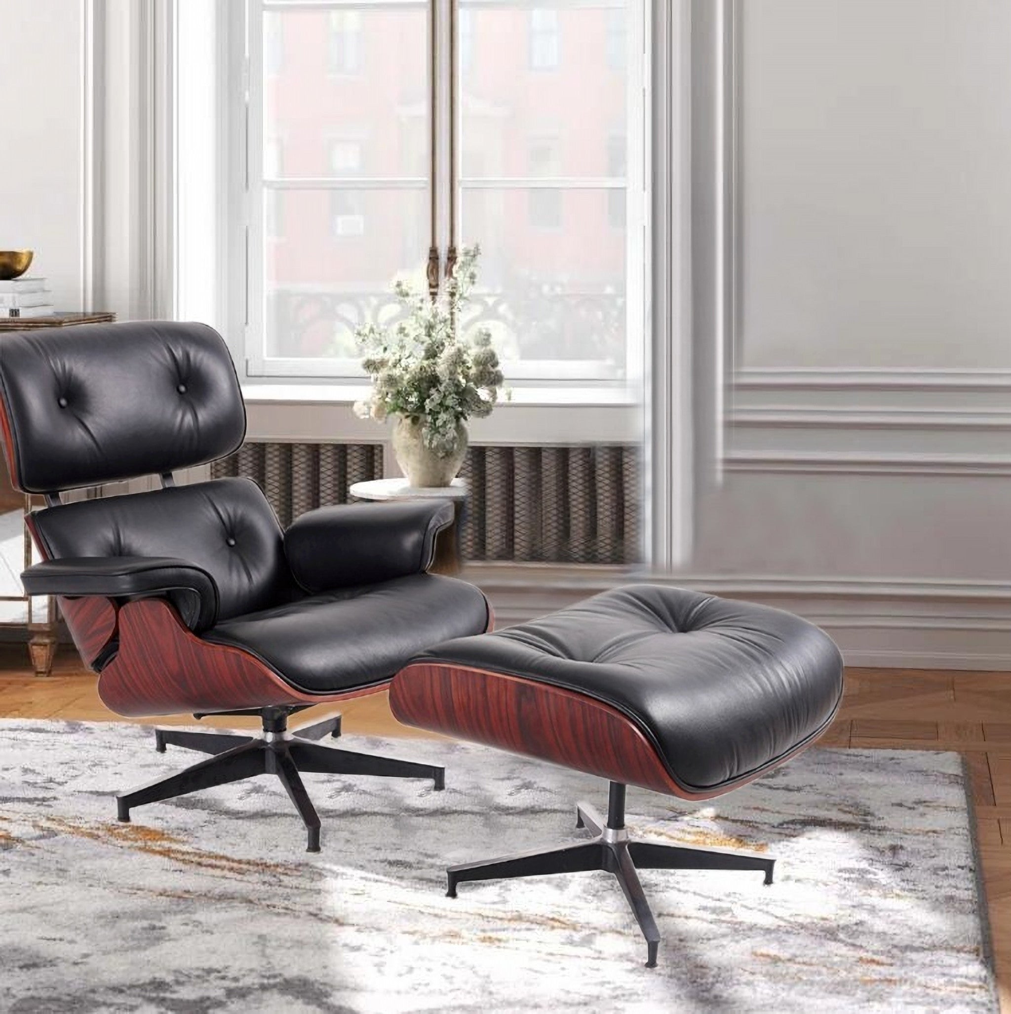 35" Black and Dark Brown Genuine Leather Tufted Swivel Lounge Chair With Ottoman