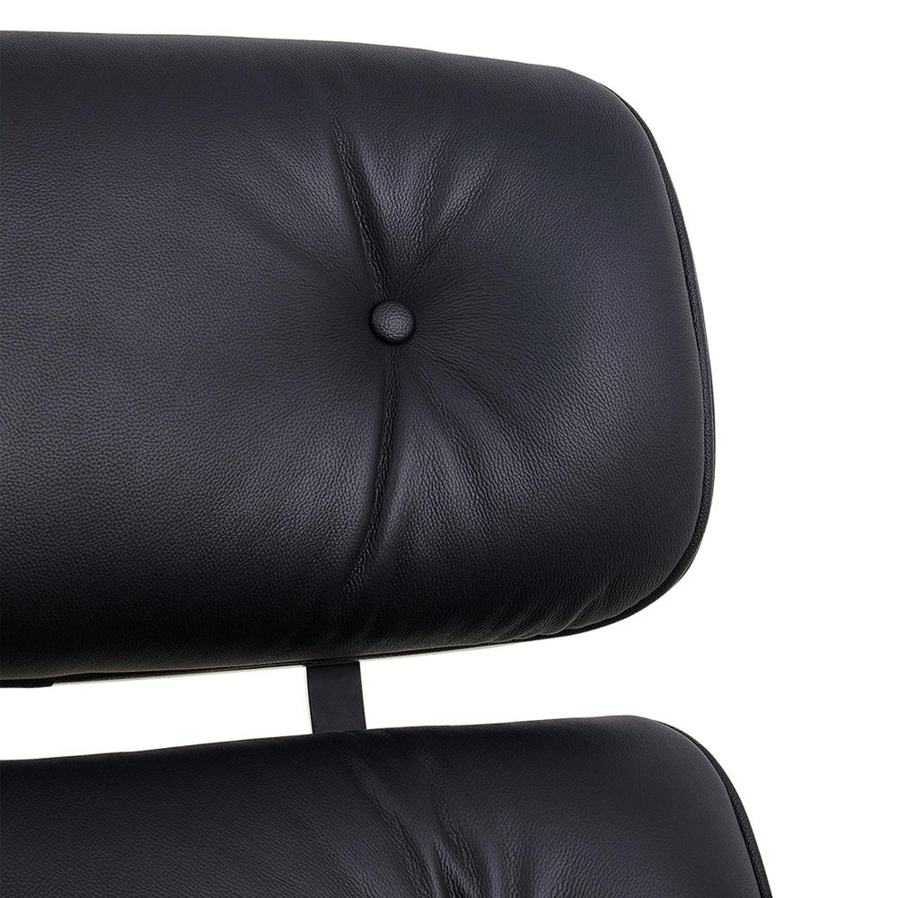35" Black Genuine Leather Tufted Swivel Lounge Chair With Ottoman