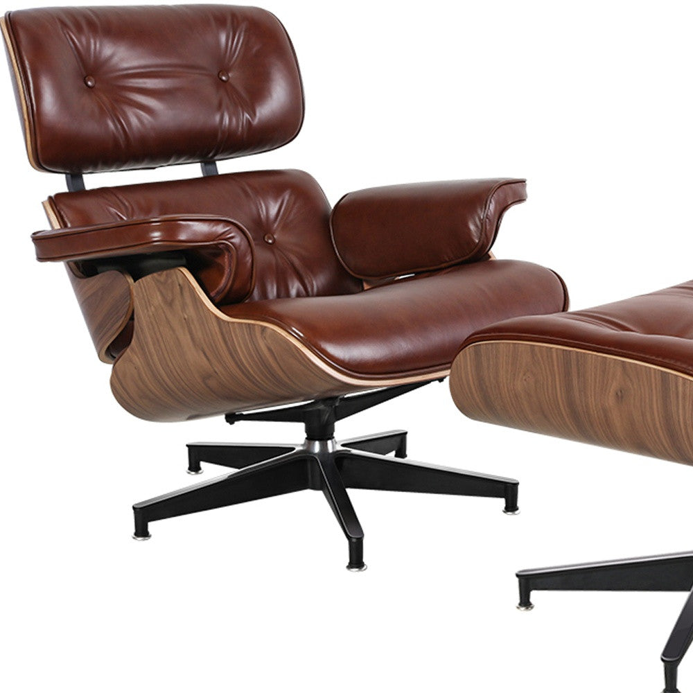 35" Brown Tufted Genuine Leather Swivel Lounge Chair with Ottoman