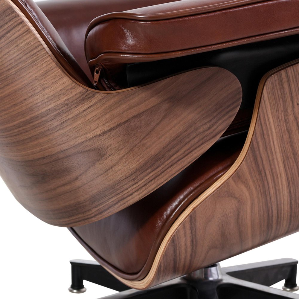 35" Brown Genuine Leather Tufted Swivel Lounge Chair With Ottoman