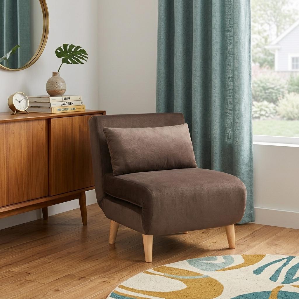 27" Brown and Natural Upholstered Convertible Chair And Toss Pillow