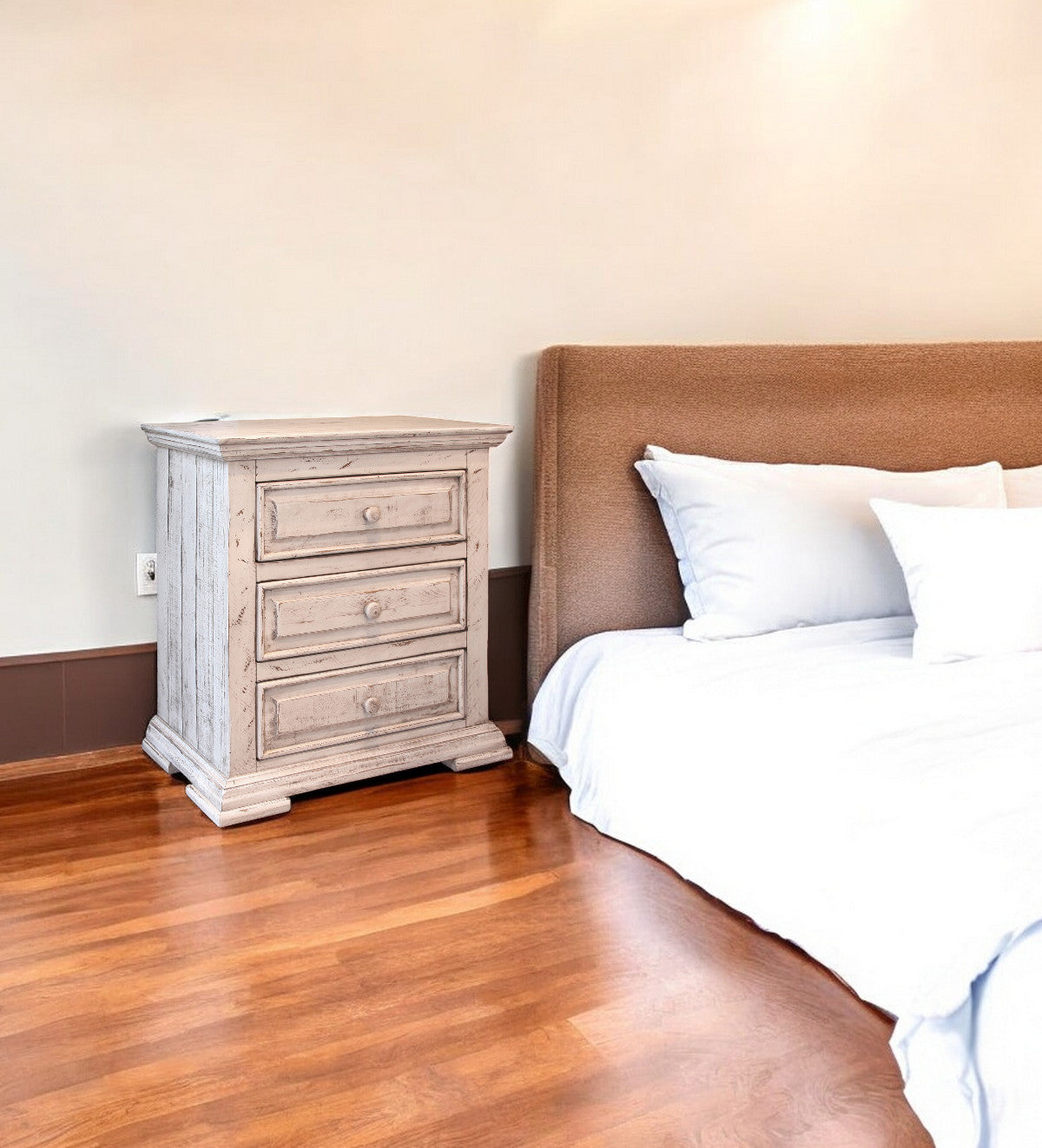 32" White Solid Wood Three Drawer Nightstand