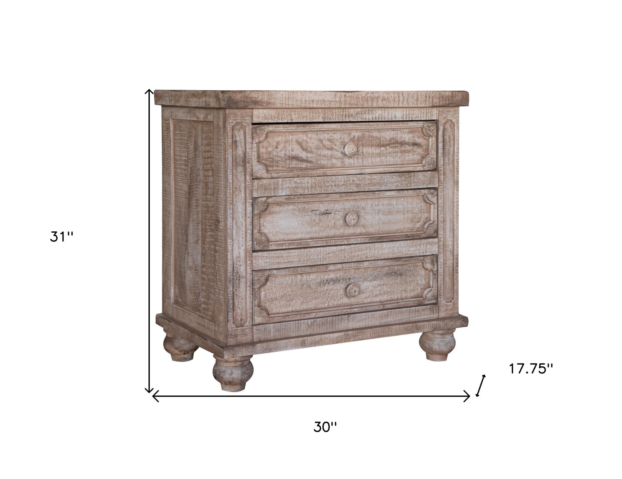 31" Wood Brown Three Drawer Nightstand