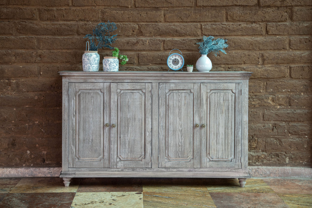 71" Sand Solid and Manufactured Wood Distressed Credenza