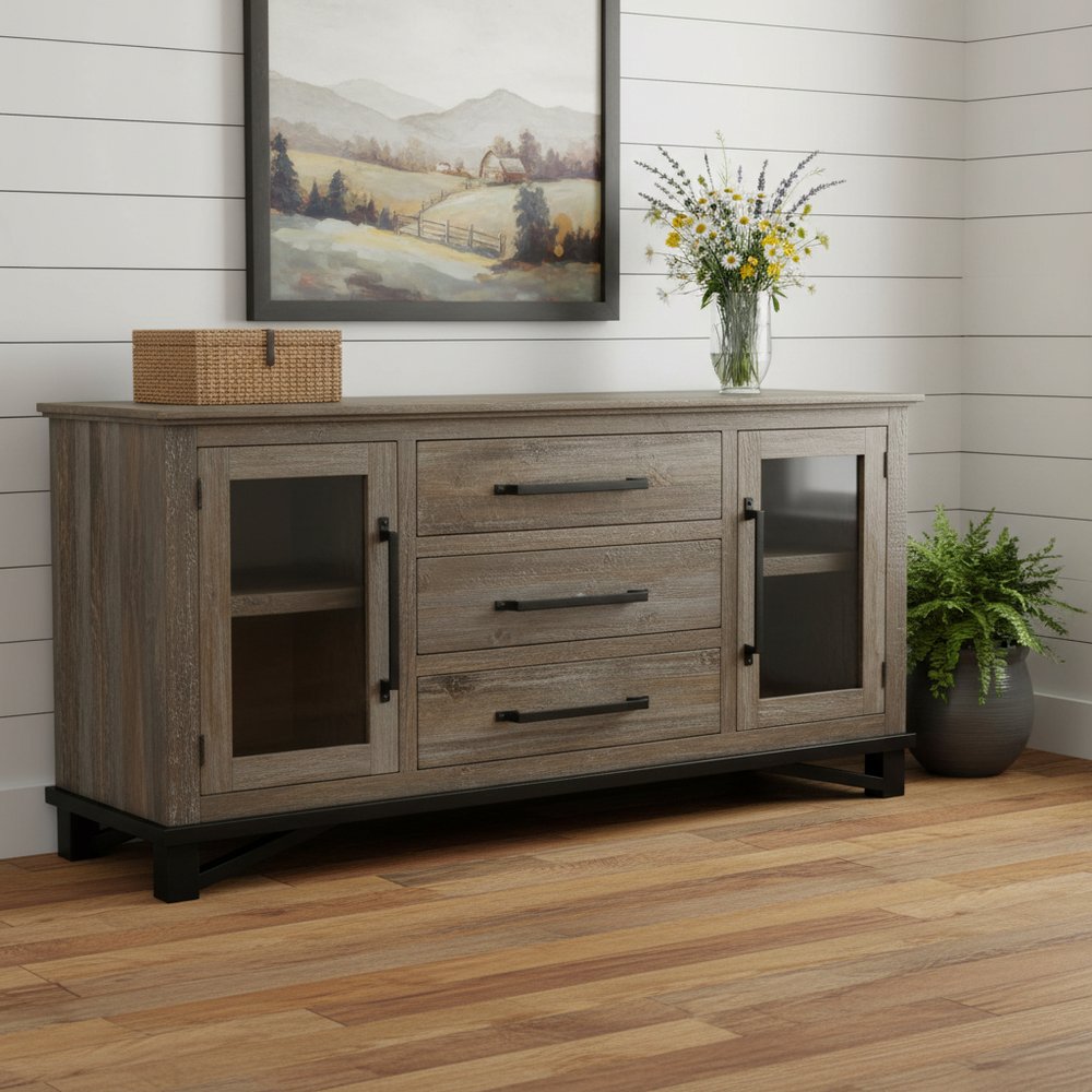 69" Brown Solid and Manufactured Wood Distressed Buffet Table