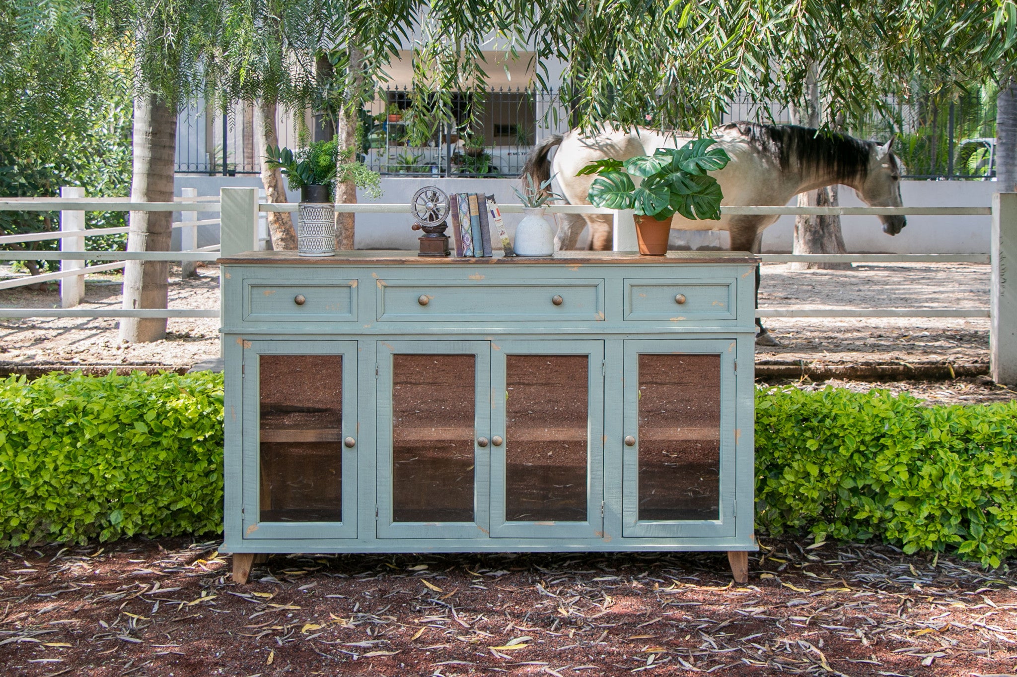 70" Green Solid and Manufactured Wood Distressed Credenza