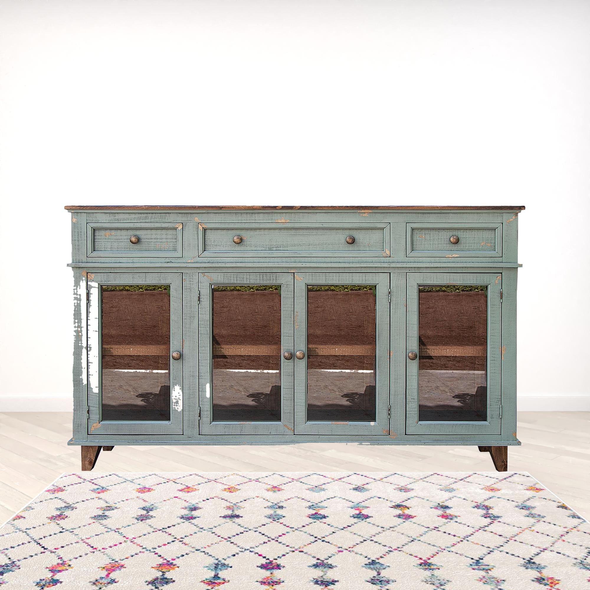 70" Green Solid and Manufactured Wood Distressed Credenza