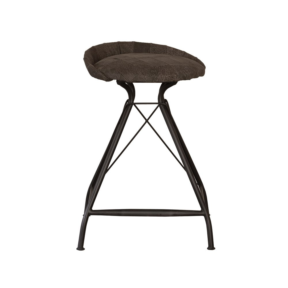 25" Brown And Black Leather And Genuine Leather And Iron Low Back Counter Height Swivel Bar Chair
