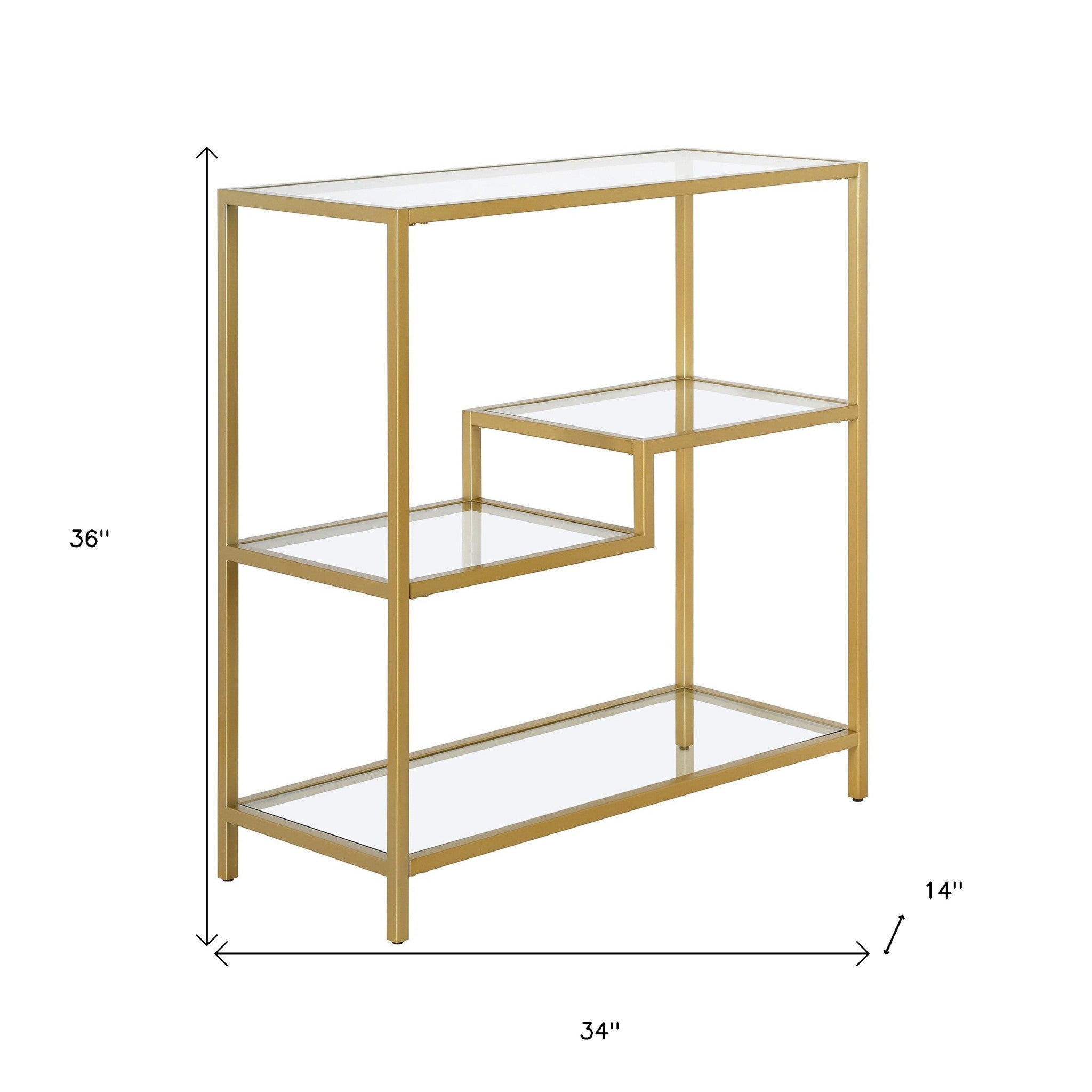 36" Gold Metal And Glass Four Tier Etagere Bookcase