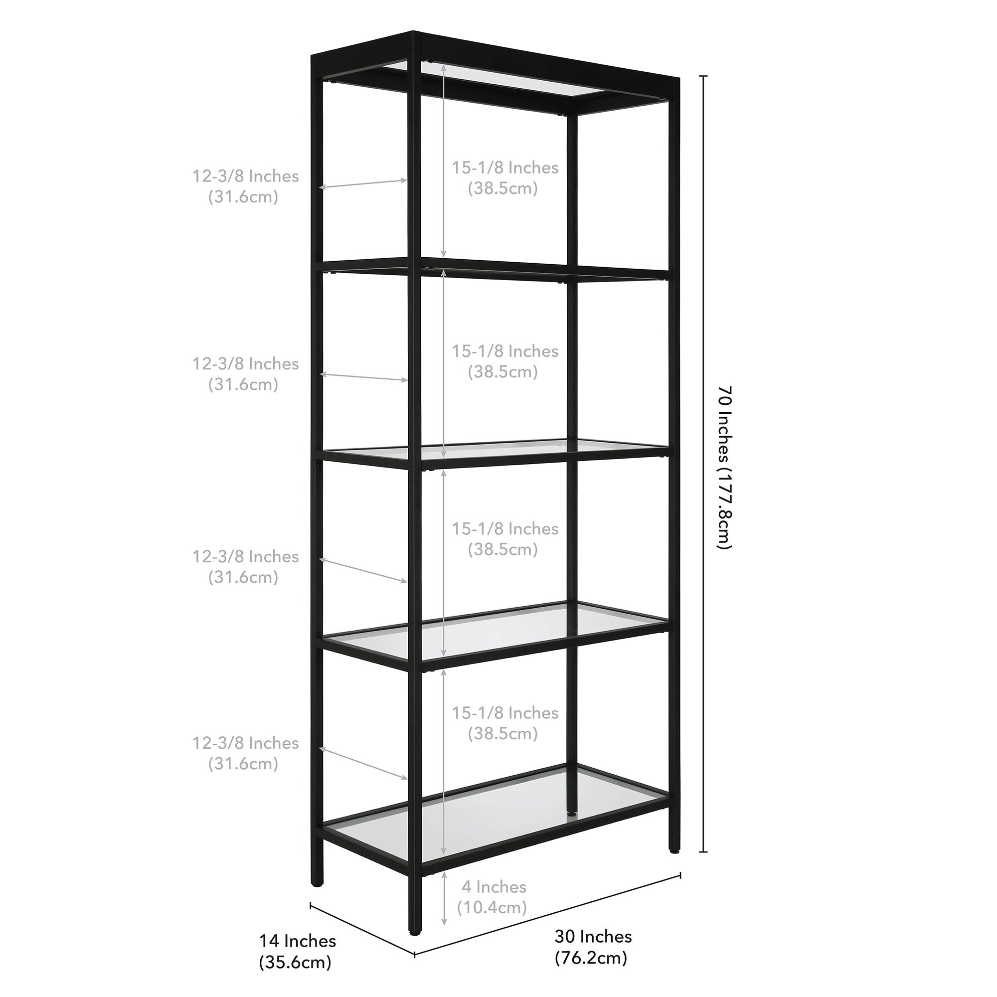 70" Black Metal and Glass Four Tier Etagere Bookcase