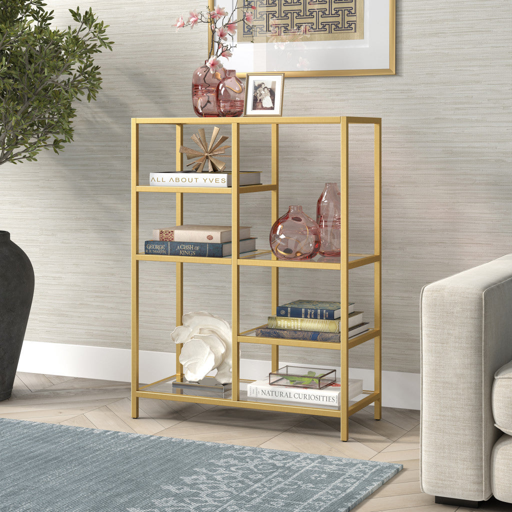 42" Gold Metal And Glass Five Tier Geometric Bookcase