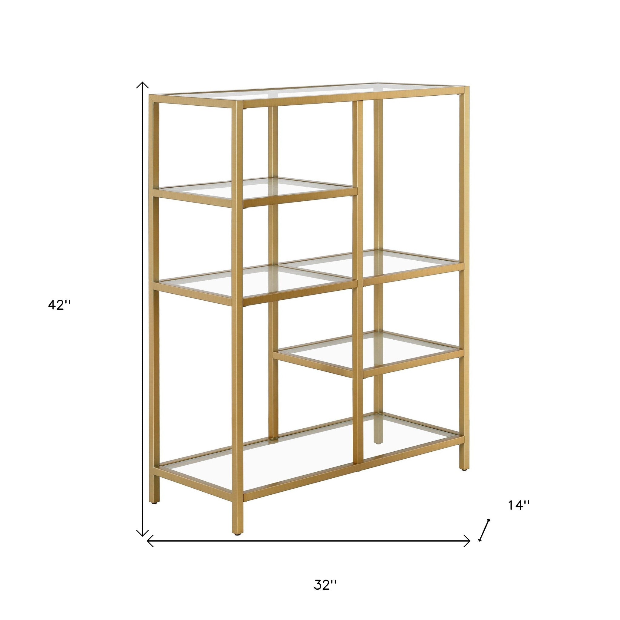 42" Gold Metal And Glass Five Tier Geometric Bookcase