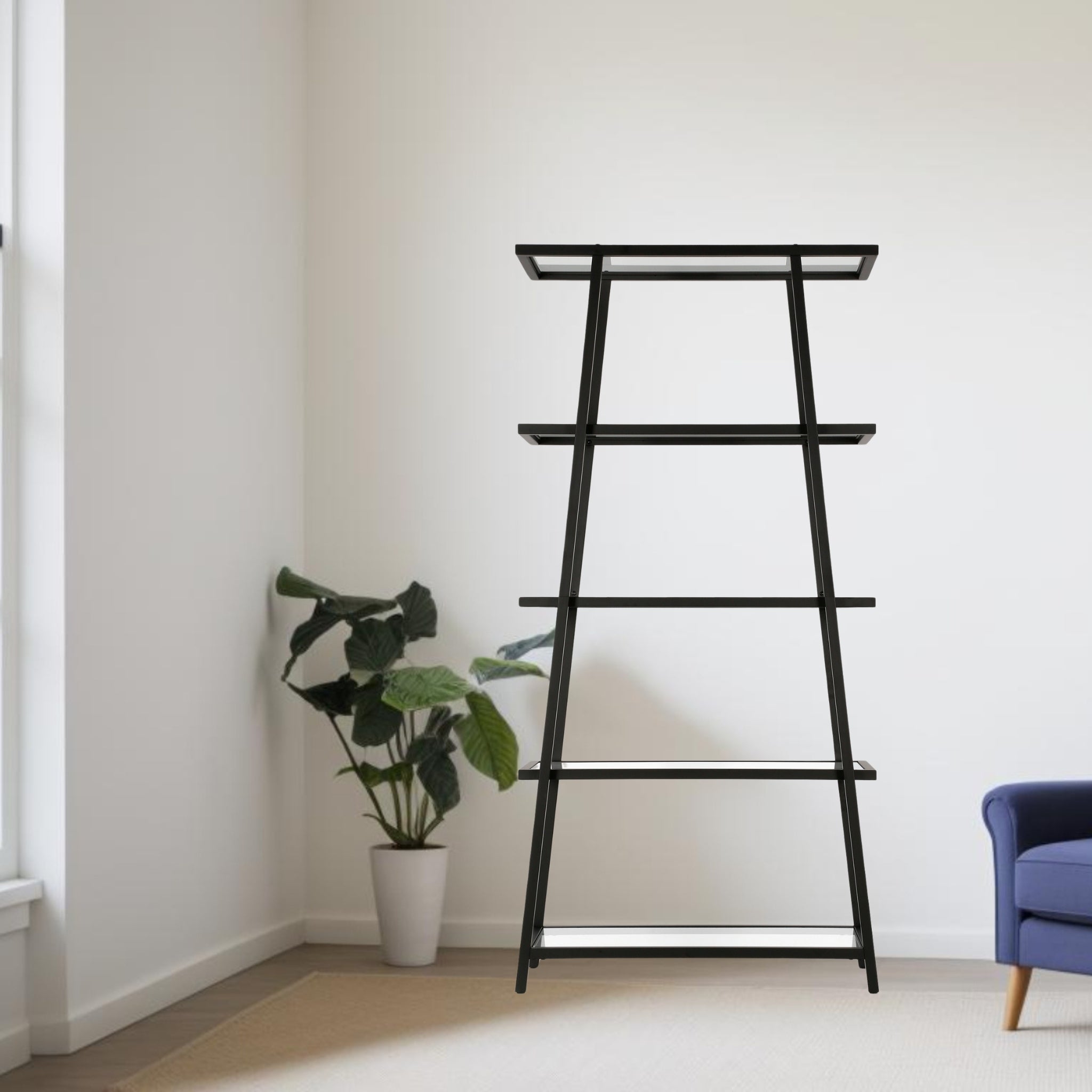 70" Black Metal and Glass Five Tier Etagere Bookcase