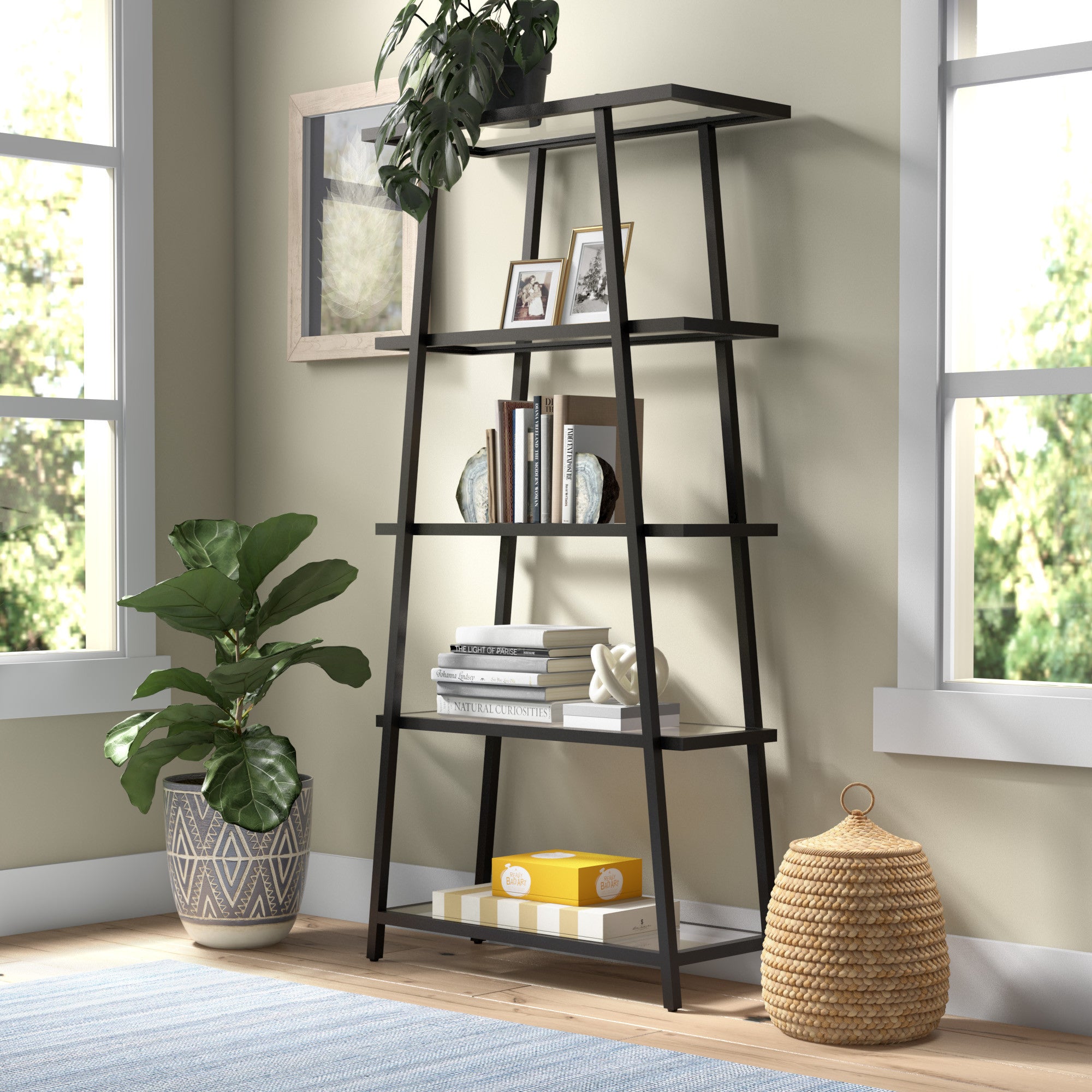 70" Black Metal And Glass Five Tier Etagere Bookcase