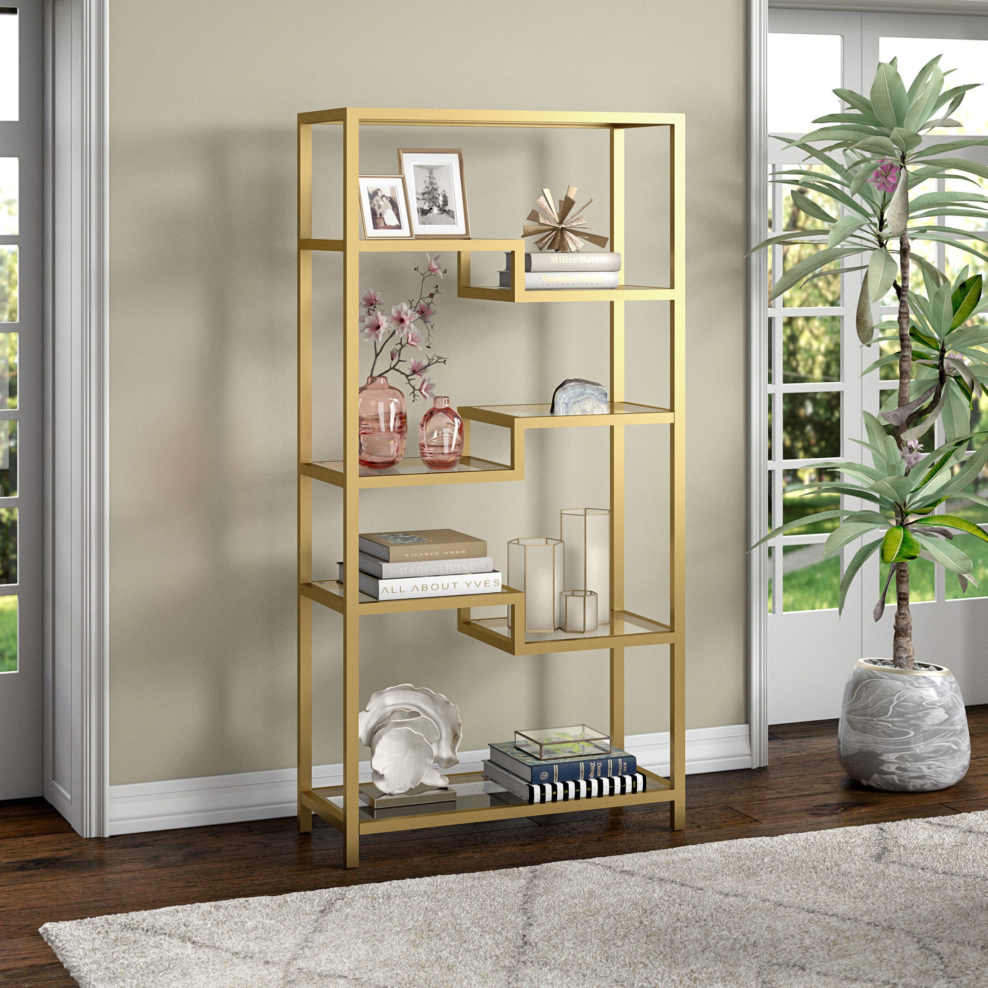 68" Gold Metal and Glass Seven Tier Etagere Bookcase