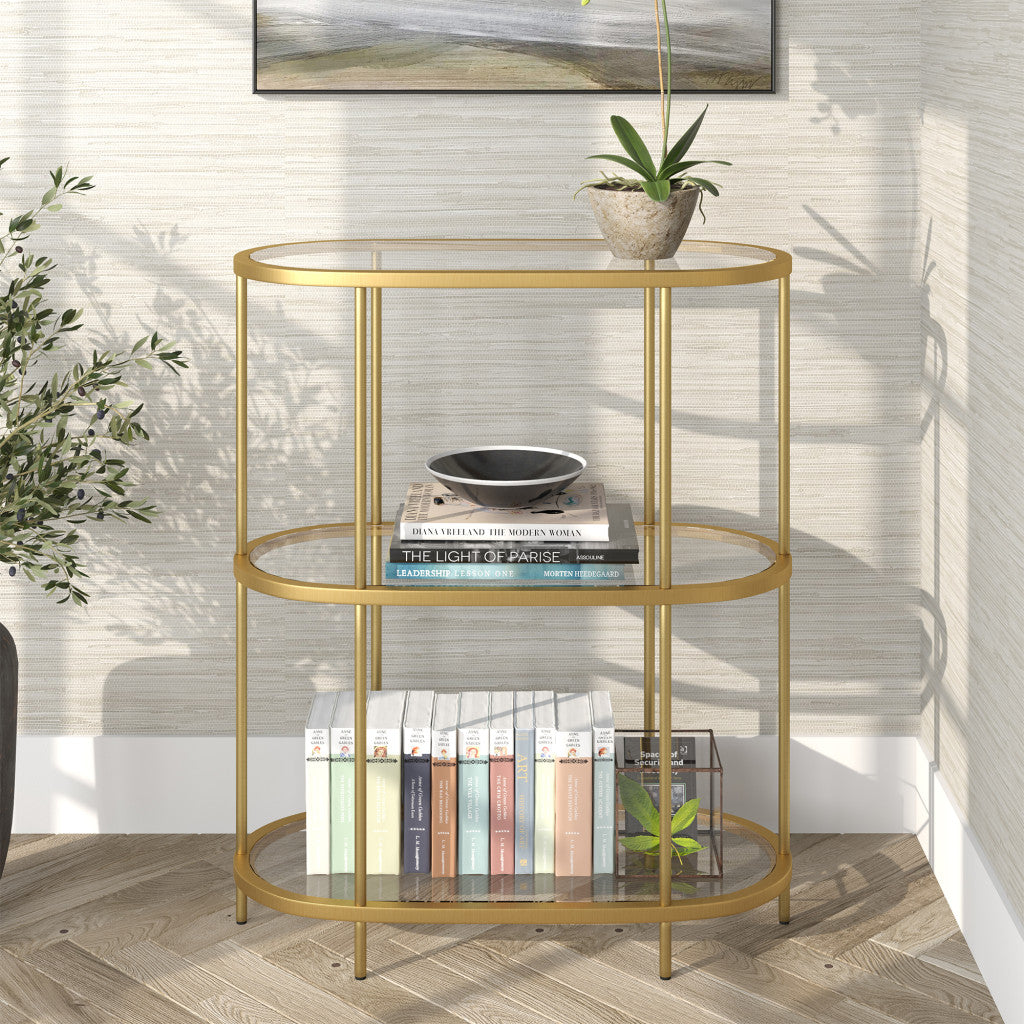 36" Gold Metal And Glass Three Tier Etagere Bookcase