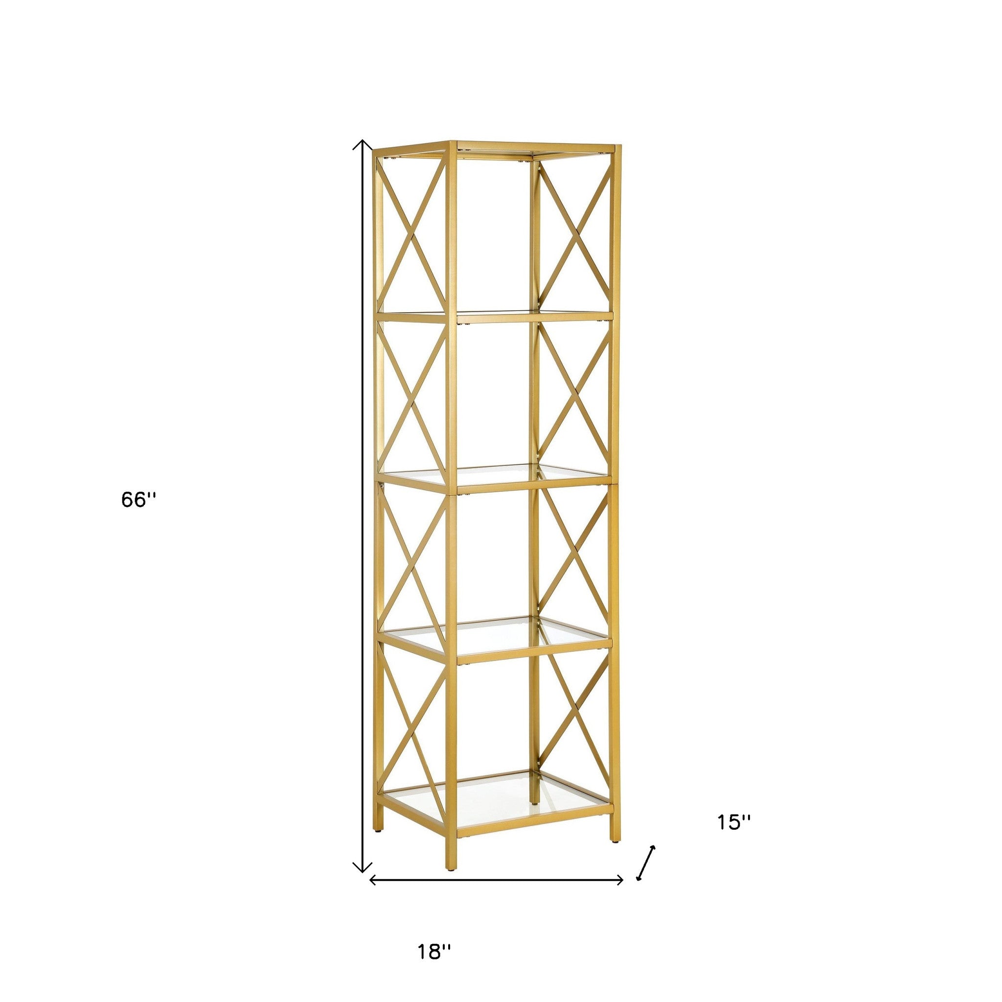 66" Gold Metal And Glass Four Tier Etagere Bookcase