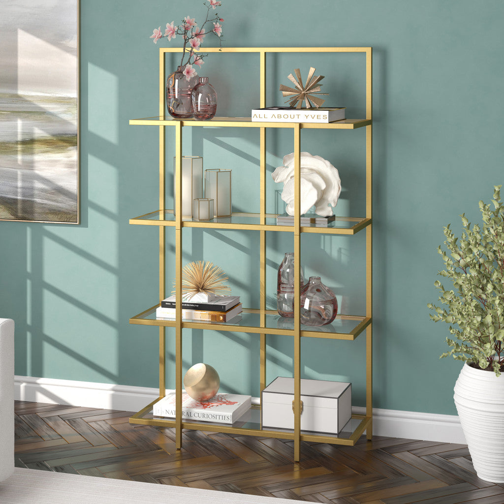 62" Gold Metal And Glass Four Tier Etagere Bookcase